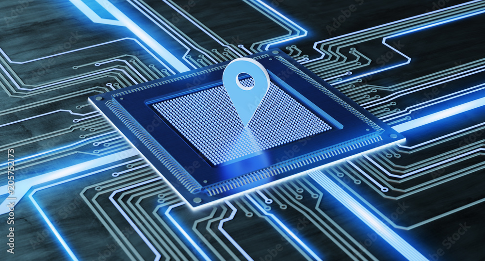 Poster cpu processor chip and network connection on a circuit board - 3d render