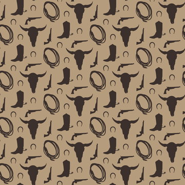 Wild West Vector Seamless Pattern. Cowboy Male Background With Boot, Horseshoe, Gun, Skull Bull, Lasso.