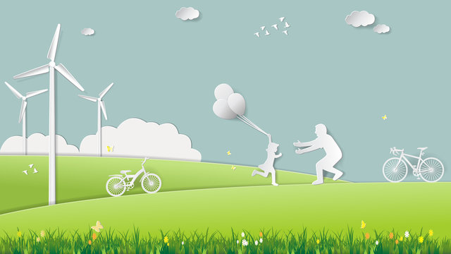 Paper folding art origami style vector illustration. Renewable energy ecology technology concepts, daughter is running to father and holding balloons in green meadow park which full of wind turbine.