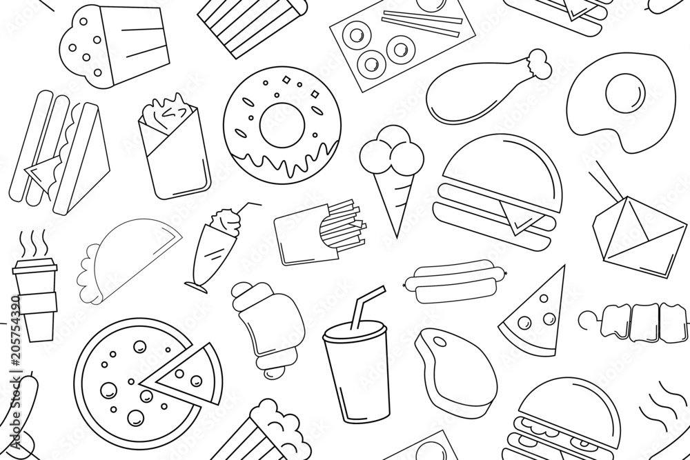 Wall mural Vector fast food pattern with word. Fast food background