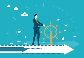 Businessman staying on the arrow pointing up and representing success. City and business developing map at the background.  Business concept illustration 