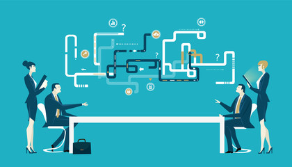 Business meeting. Two team discussing the developing process. Abstract progress map above the desk. Business concept illustration 