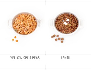 Dry yellow peas and lentils isolated on white background