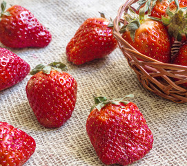 Fresh strawberries in a basket on a jute background