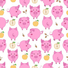 Seamless pattern with cartoon pink pigs, yellow apples and acorns on white background.