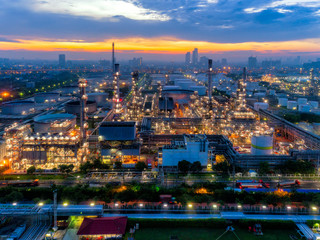 Aerial view of Oil refinery industry at sunrise, Oil refinery plant at Bangkok Thailand