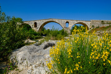 Fototapeta na wymiar Ancien pont romain - Pont Julien au printemps. Provence, France. Fleurs de genêts au premier plan. 