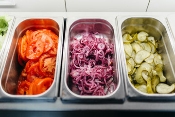 Ingredients for burger cooking, vegetables, nobody