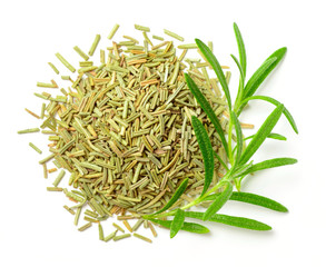 dried rosemary leaves with fresh rosemary isolated on white, top view