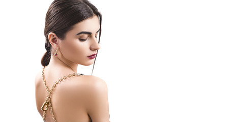 Portrait of nice young gorgeous woman on white backgrounds. To a lots of copy space.