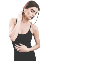 Portrait of nice young gorgeous woman on white backgrounds. To a lots of copy space.