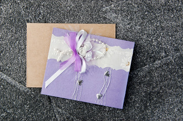 Lilac and white greeting card on gray