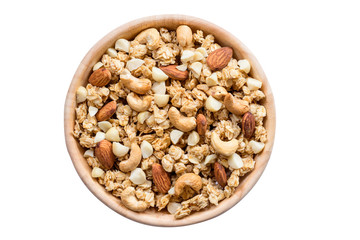 Close up top view granola in the bowl on isolated with clipping path.