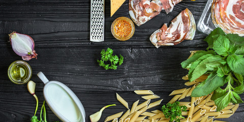a set of ingredients for pasta cooking - fresh products (meal) - cuisine.  Food background