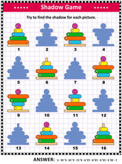 IQ training visual puzzle with colorful ring stackers: Try to find the shadow for each picture. Answer included.
