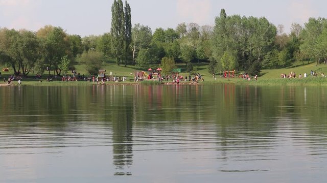 Swimming pool on water reservoir Benedikt in city Most, Czech Republic