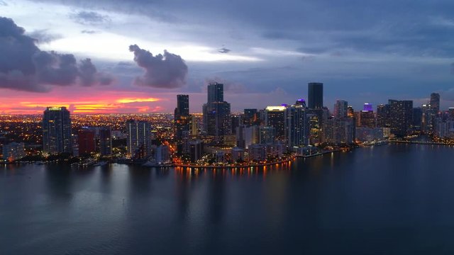 Aerial far shot city lights at night Miami Brickell