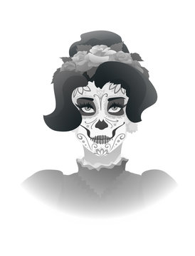 woman with sugar skull makeup and wreath of roses