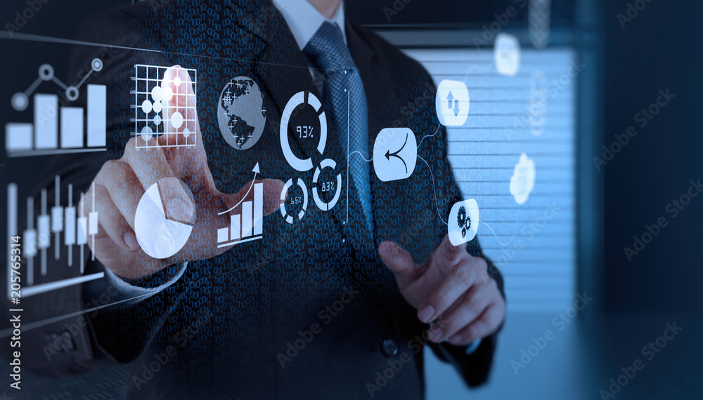 Poster Data Management System (DMS) with Business Analytics concept. businessman working with provide information for Key Performance Indicators (KPI) and marketing analysis onn virtual computer