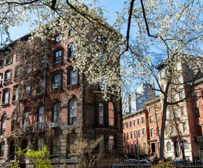 Colorful spring scene in the East Village of New York City with buildings on Stuyvesant Street
