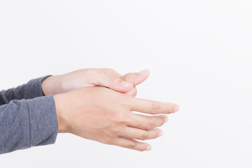 Woman hand pain on white background,Health and illness concepts,Peripheral neuropathies
