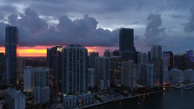 Aerial Miami night Brickell sunset