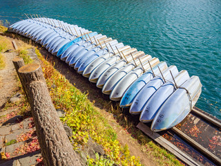 Fototapeta premium Row boats for rent and parking orderly off working hour.