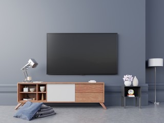 Tv on cabinet in modern empty room have lamp,flower,book and other on floor wooden, 3d rendering