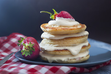 Dessert Pancakes with Cream and Strawbery. Health Breakfast Fruit Berry Vitamine Black Background