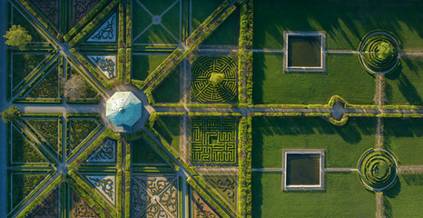 Aerial, vertical view on exceptional geometric and symmetrical baroque garden.