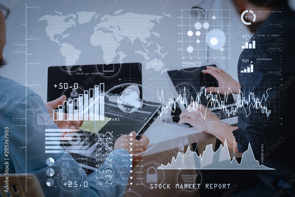 Poster co working team meeting concept,businessman using smart phone and digital tablet and laptop computer in modern office with virtual icon graph and chart
