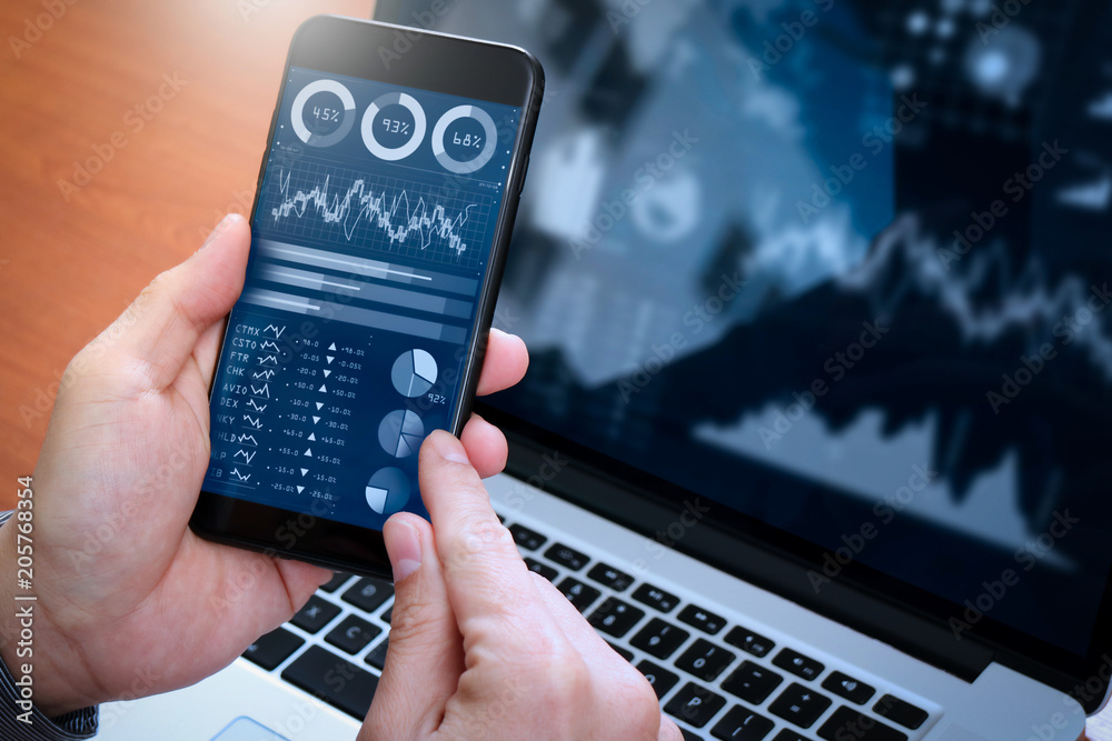 Poster Investor analyzing stock market report and financial dashboard with business intelligence (BI), with key performance indicators (KPI).Businessman using smart phone with laptop computer.