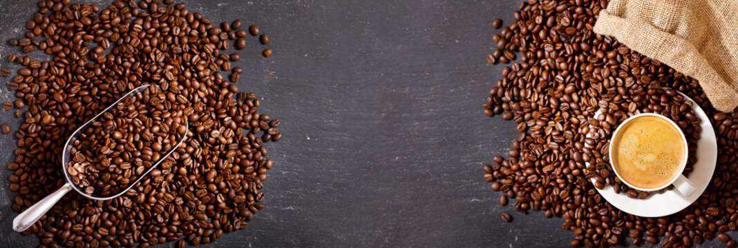 cup of coffee and coffee beans in a sack, top view © Nitr