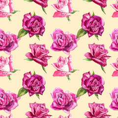 Fototapeta premium Natural pink roses background. Seamless pattern of red and pink roses, watercolor illustration.