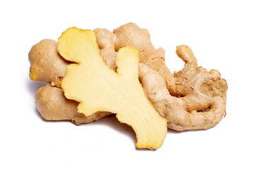Fresh big ginger root close up copy space isolated on white background