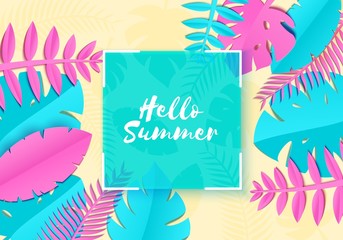 Fototapeta na wymiar Summer Tropical palm leaves, plants in trandy paper cut style. White square frame on exotic blue pink leaves on yellow sunny background Hawaiian summer. Square glass lable. Vector card illustration