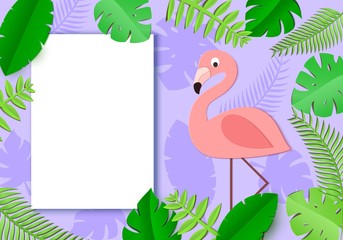 Tropical paper background with leaves, exotic bird and white sheet. Flamingo look out over the thickets of the jungle. Temlplate of page with place for text. Vector illustration in paper art style.