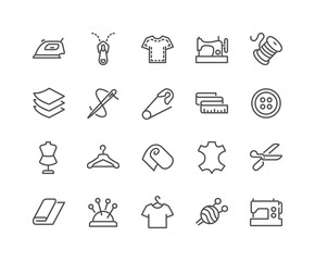 Simple Set of Sewing Related Vector Line Icons. Contains such Icons as Sewing Machine, Measuring Tape, Wool and more. Editable Stroke. 48x48 Pixel Perfect.