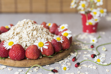 Fresh  strawberry around organic dry rolled oatmeal on the wooden cutting board and a small red bucket in white peas with camomile