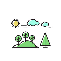 Trees under the sun, nature. Vector set of icons, illustration in the style of flat.