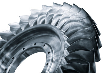 Steel blades of turbine propeller. Close-up view. In B/W. Selected focus on foreground © Aleksandr Matveev