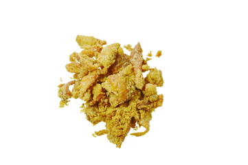 deep  fried chicken skin with salt and pepper on white background