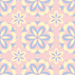 Floral seamless pattern. Pale pink background with light blue and yellow flower elements