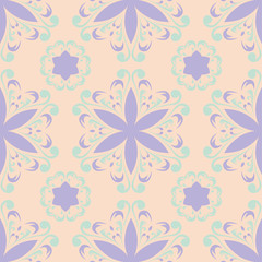 Beige floral seamless pattern with violet and blue designs