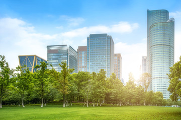 The modern buildings of the city skyscrapers.