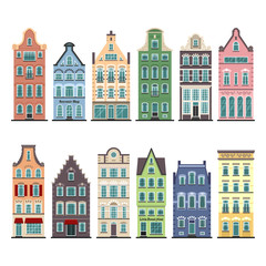 Set of 12 Amsterdam old houses cartoon facades. Traditional architecture of Netherlands. Colorful flat isolated illustrations in the Dutch style. - obrazy, fototapety, plakaty