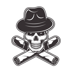 Skull in gangster hat and two crossed cigars