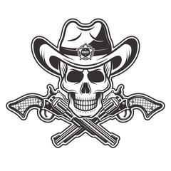 Sheriff skull in cowboy hat with two crossed guns