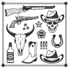 Cowboy and western attributes vector black objects