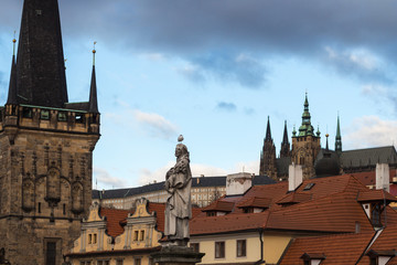 Tower and statue. buildings and castle, Prague